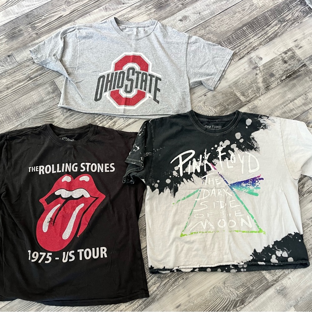 Lot of 3 t-shirts Pink Floyd crop, Rolling Stones & OSU crop All Large